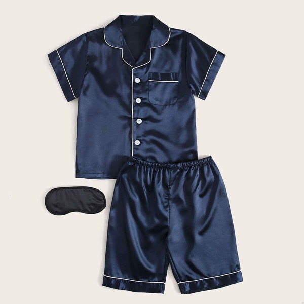 

Маска для глаз и атласная пижама с воротником-лацканом, контрастной отделкой для мальчиков, Тёмно-синие