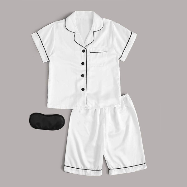 

Boys Lapel Contrast Binding Satin PJ Set & Eye Cover, White