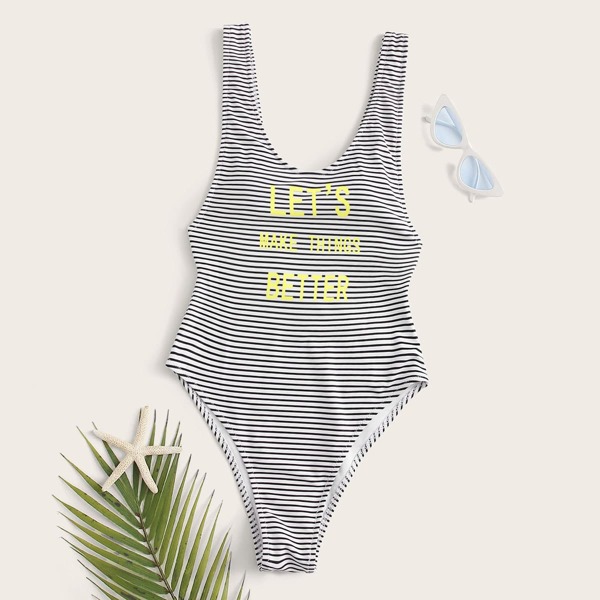 

Slogan & Striped Pattern One Piece Tank Swimsuit, Black and white