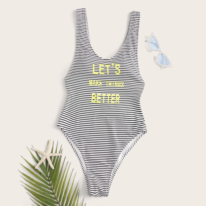 

Slogan & Striped Pattern One Piece Tank Swimsuit, Black and white