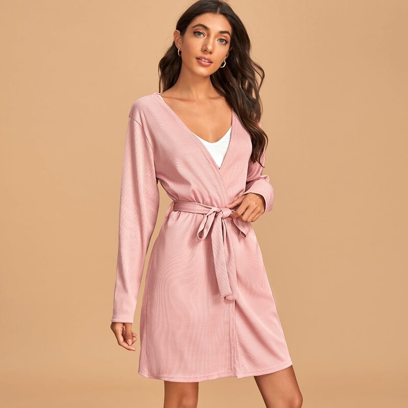 

Solid Ribbed Self Tie Robe, Pink