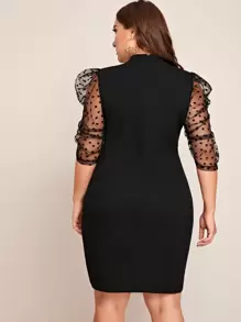 SHEIN Clasi Plus Mock-neck Heart Flocked Mesh Gigot Sleeve Dress - Black - View 2