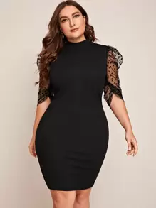 SHEIN Clasi Plus Mock-neck Heart Flocked Mesh Gigot Sleeve Dress - Black - View 4