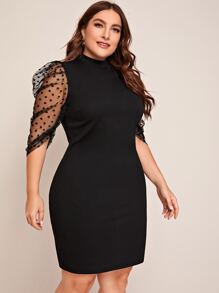 SHEIN Clasi Plus Mock-neck Heart Flocked Mesh Gigot Sleeve Dress - Black - View 5