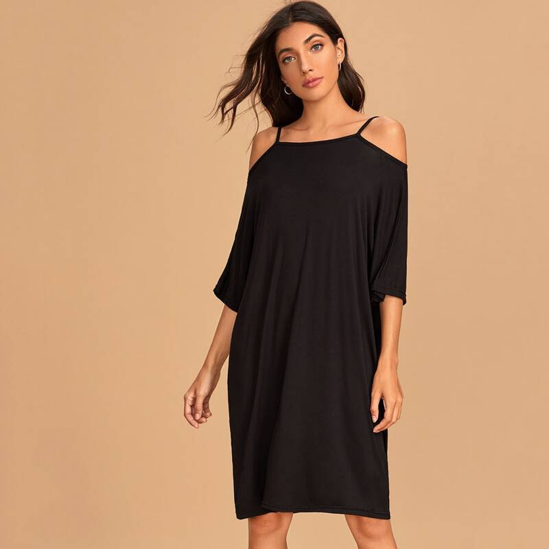 

Solid Open Shoulder Night Dress, Black