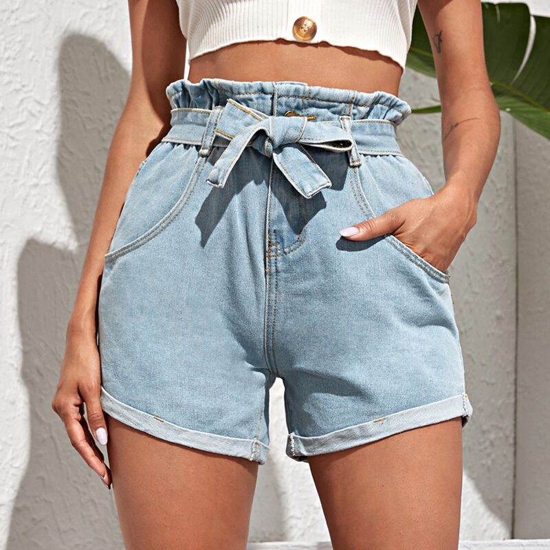 

Paperbag Waist Denim Shorts, Blue