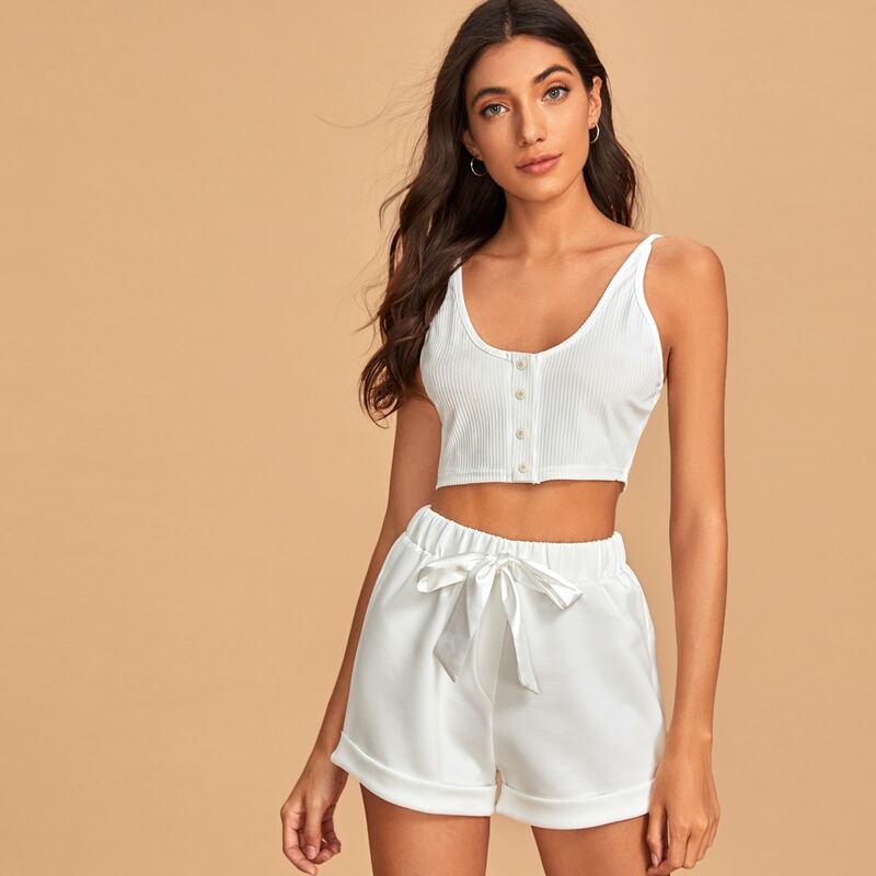

Button Front Rib-Knit Cami Crop Top With Shorts Pj Set, White