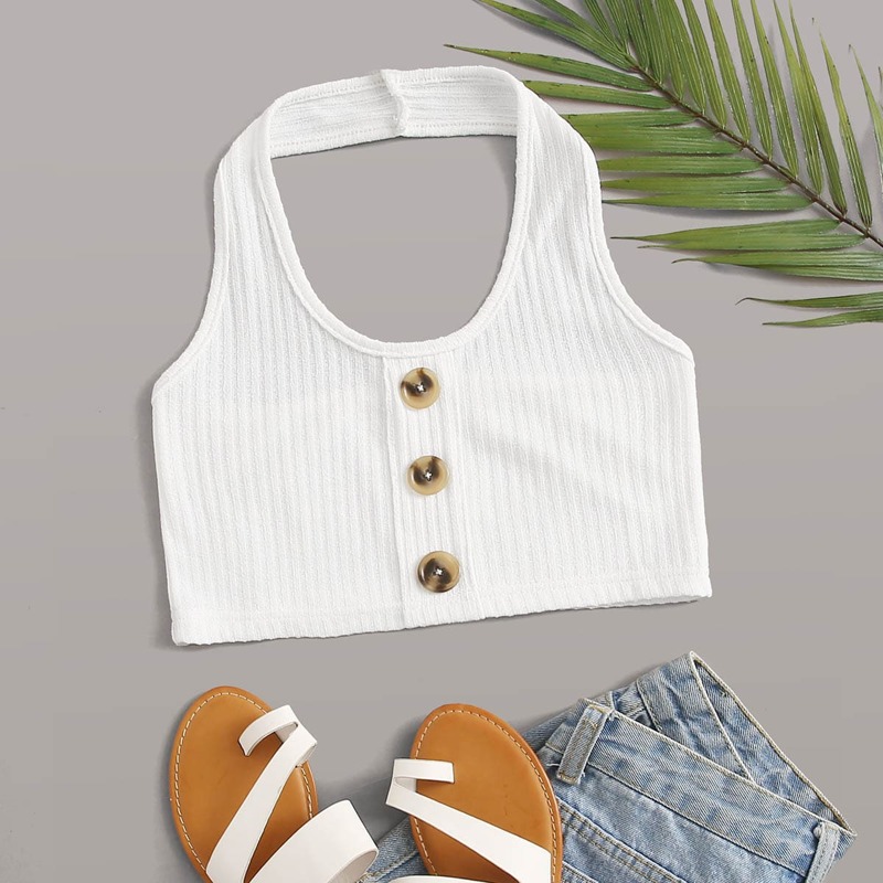 

White Ribbed Halter Crop Top