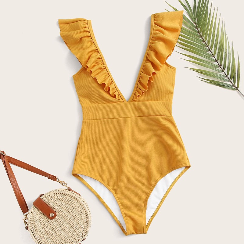 

Ruffle Trim V Neck One Piece Swimsuit, Yellow