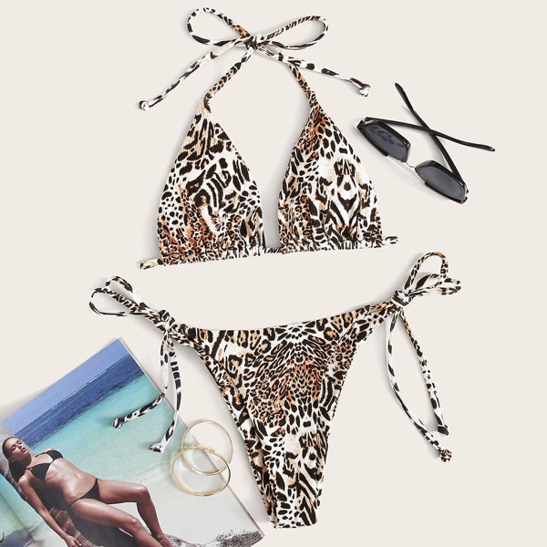 

Leopard Triangle Halter Tie Side Thong Bikini Swimsuit, Multicolor