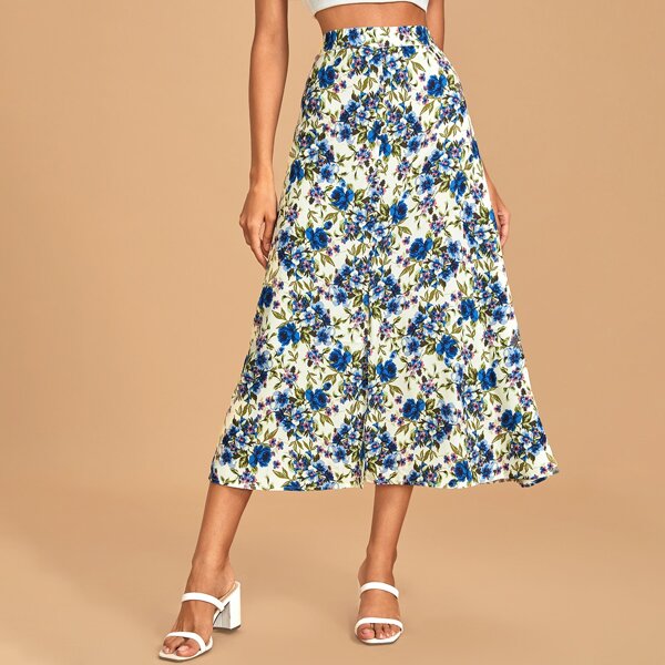 

Floral Print Side Split Hem Skirt, Multicolor