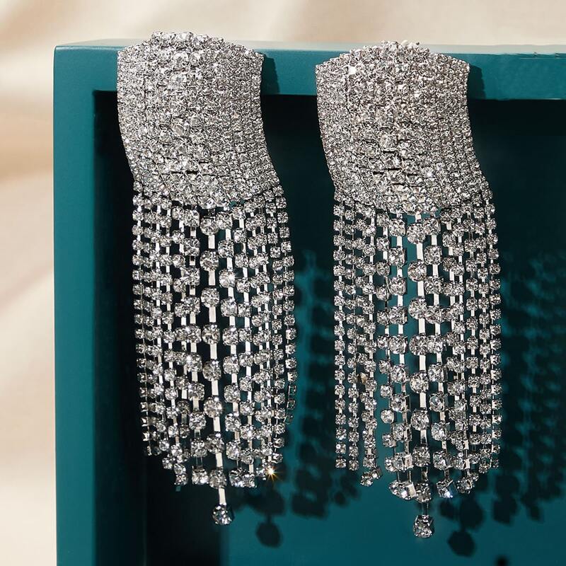 

1pair Rhinestone Decor Tassel Drop Earrings, Multicolor