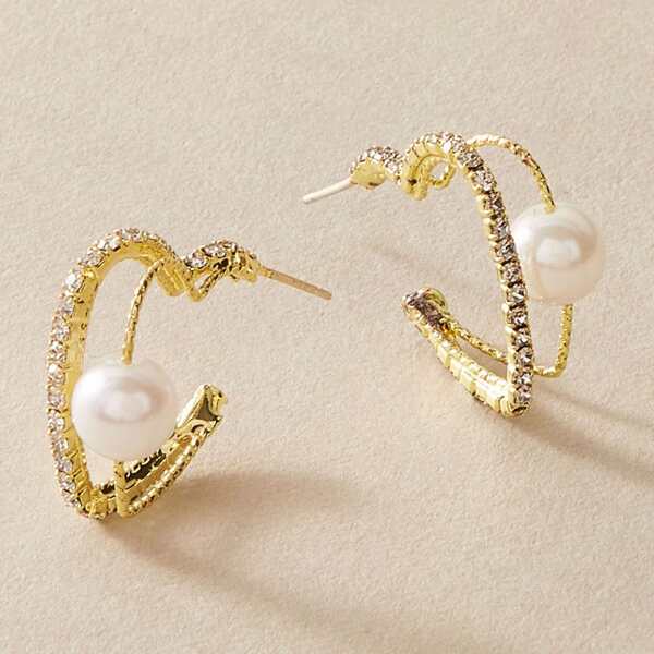 

1pair Pearl Decor Rhinestone Decor Drop Earrings, Gold