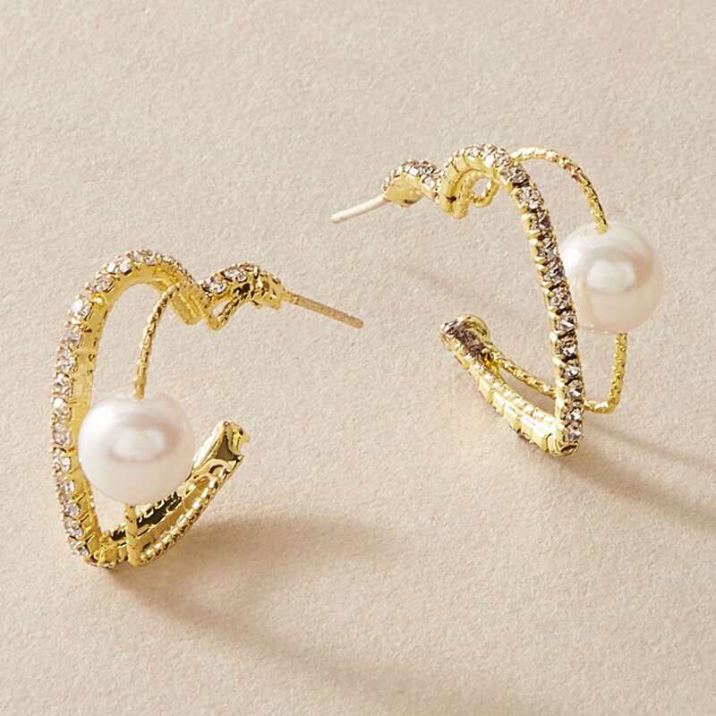 

1pair Pearl Decor Rhinestone Engraved Drop Earrings, Gold