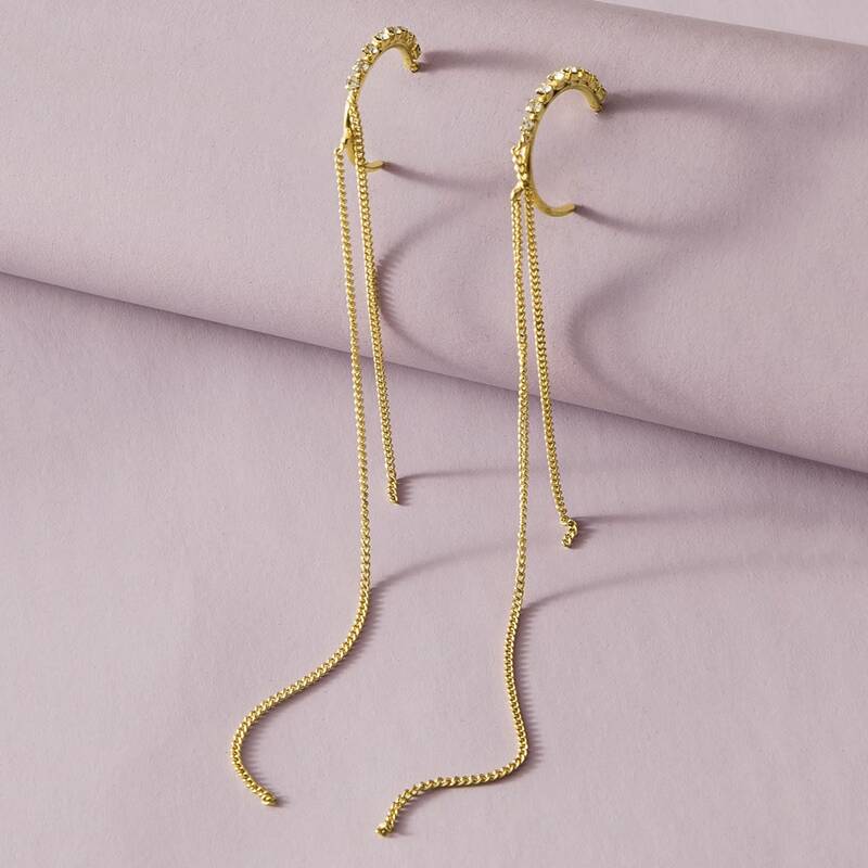 

1pair Rhinestone Engraved Tassel Drop Earrings, Gold