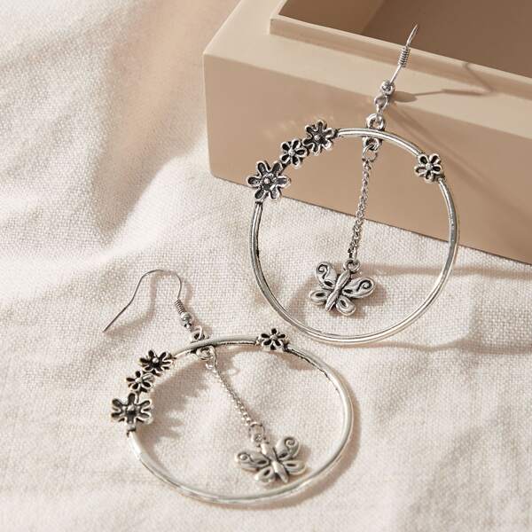 

1pair Flower Decor Butterfly Charm Hoop Drop Earrings, Silver