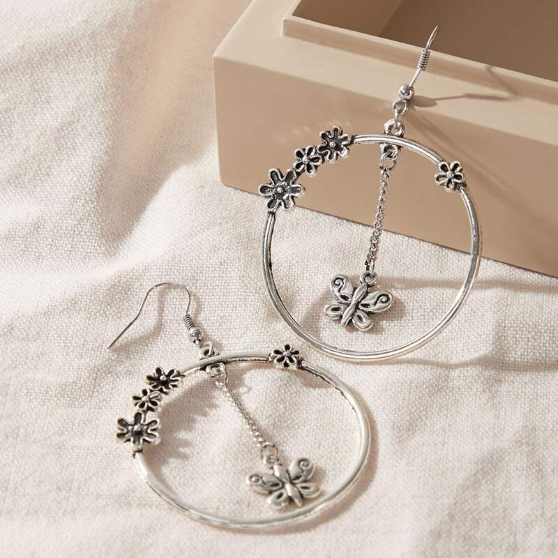 

1pair Flower Decor Butterfly Charm Hoop Drop Earrings, Silver