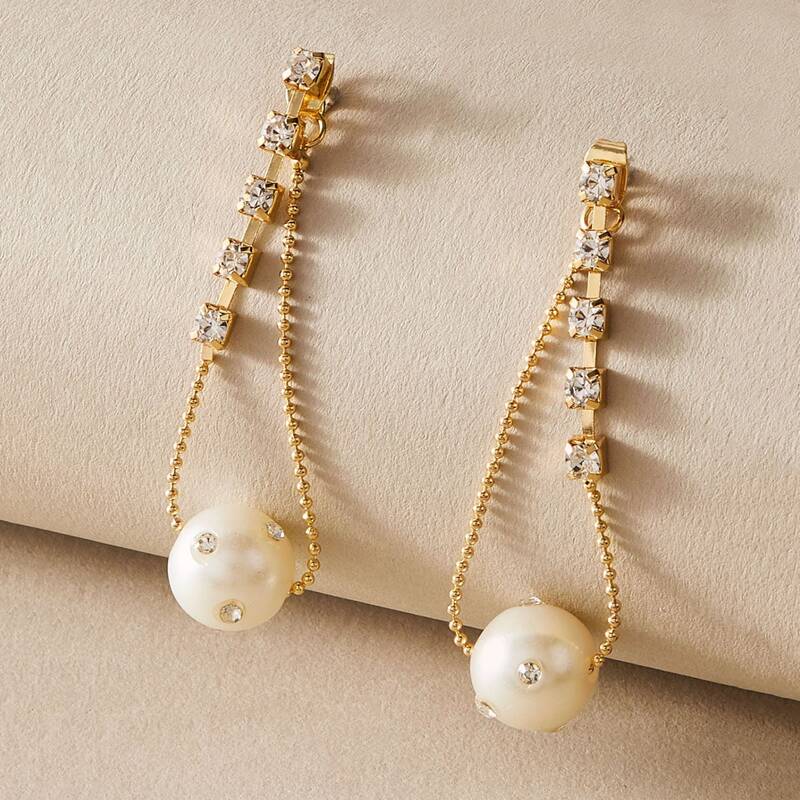 

1pair Rhinestone Engraved Pearl Decor Drop Earrings, Gold