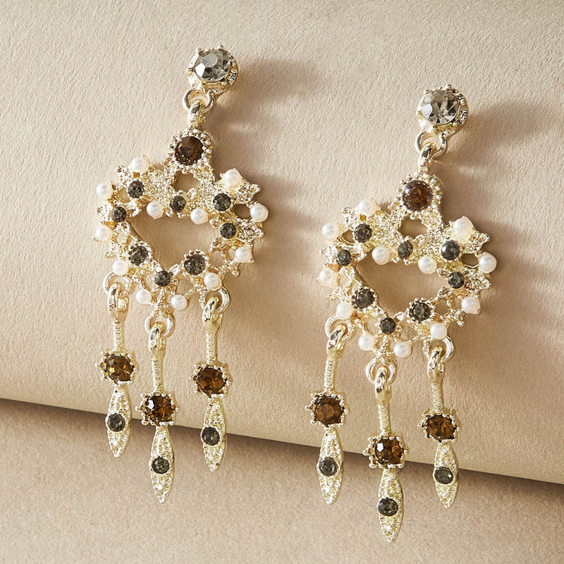 

1pair Rhinestone Engraved Hollow Out Tassel Drop Earrings, Gold