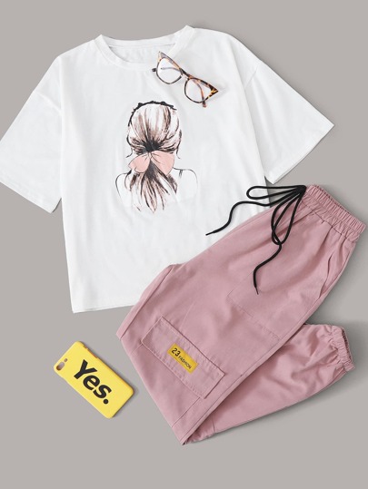 Figure Graphic Tee With Drawstring Pocket Detail Cargo Pants