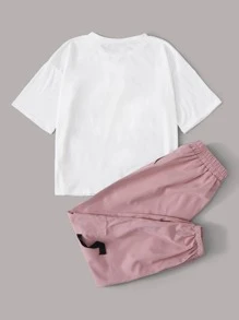 Seusyu Figure Graphic Tee With Drawstring Pocket Detail Cargo Trousers - Multicolor - View 2