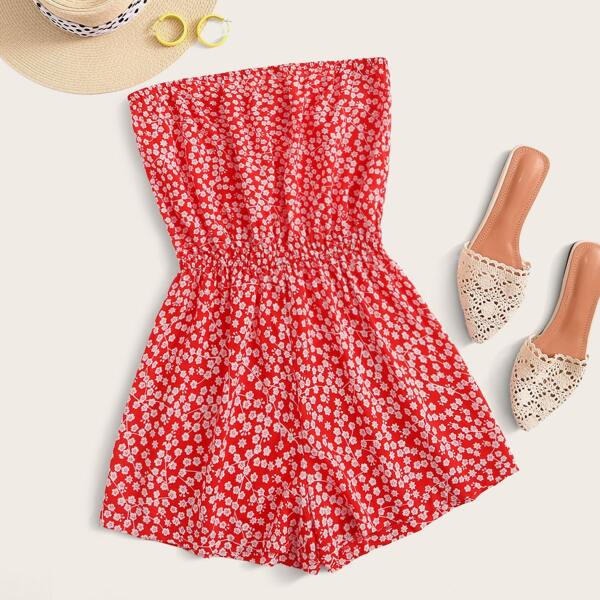 

Ditsy Floral Wide Leg Tube Romper, Red
