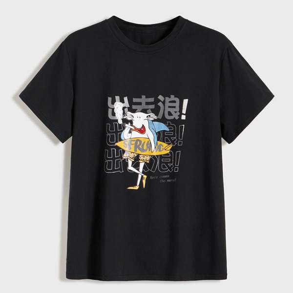 

Men Cartoon And Letter Graphic Tee, Black