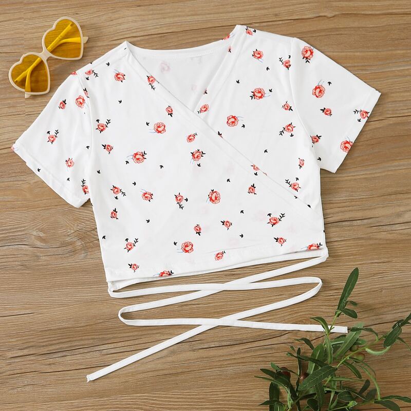 

Floral Wrap Crop Tee, White