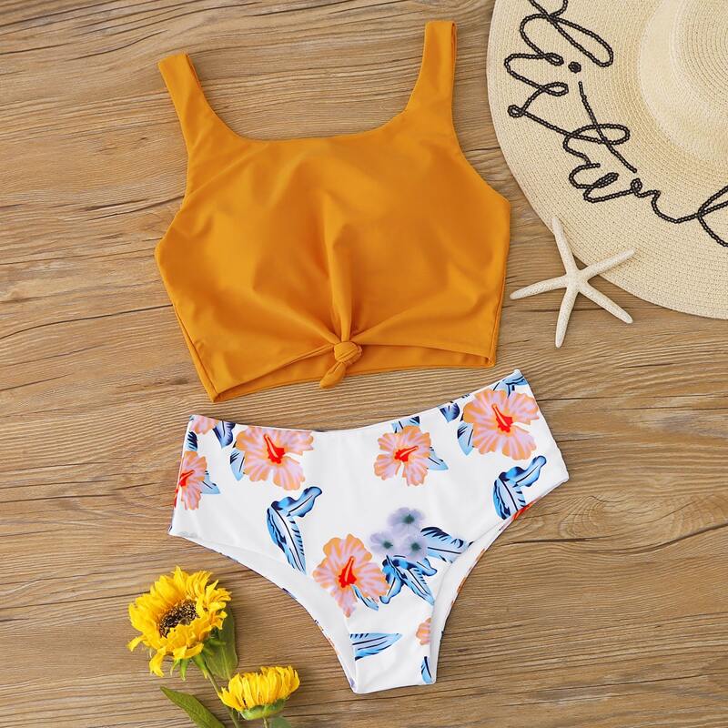 

Knot Floral High Waist Tankini Swimsuit, Multicolor