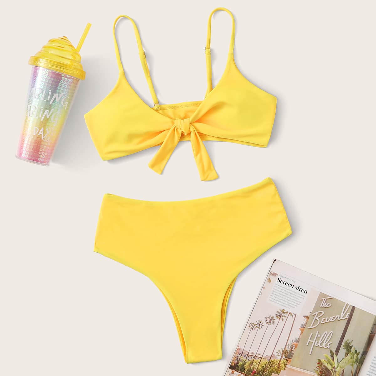 

Neon Yellow Tie Front High Waisted Bikini Swimsuit, Yellow bright