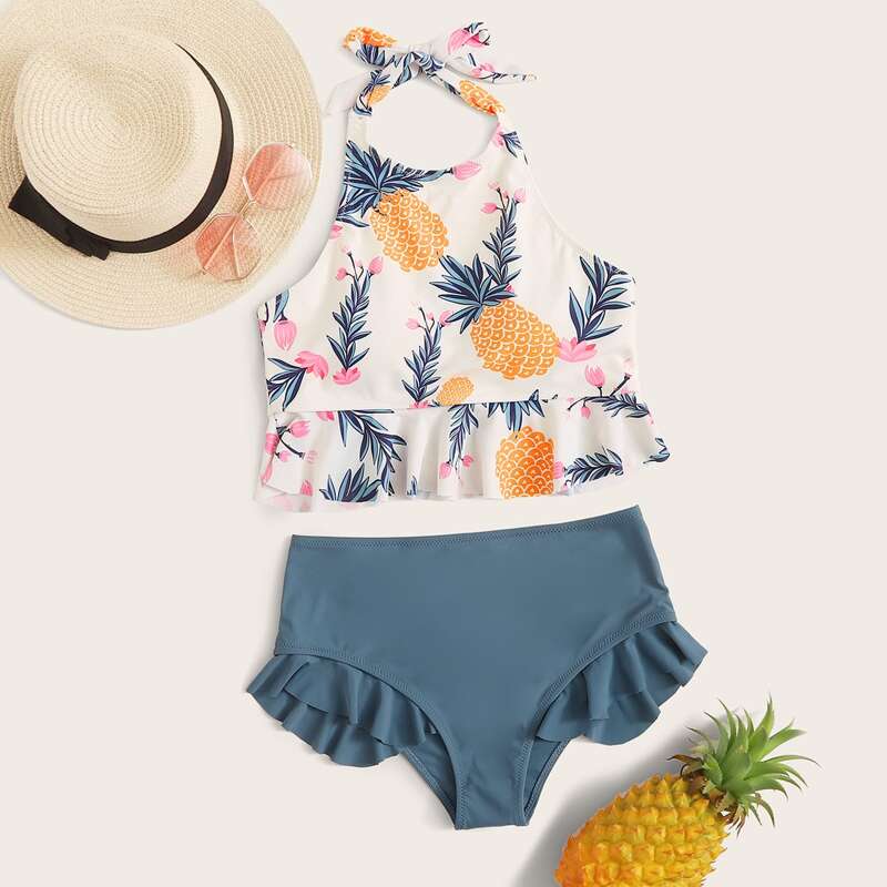 

Floral & Pineapple Ruffle Hem Tankini, Multicolor