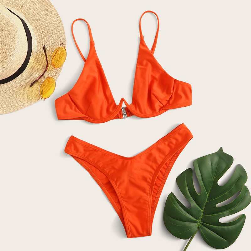 

Neon Orange High Leg Bikini Swimsuit, Orange bright