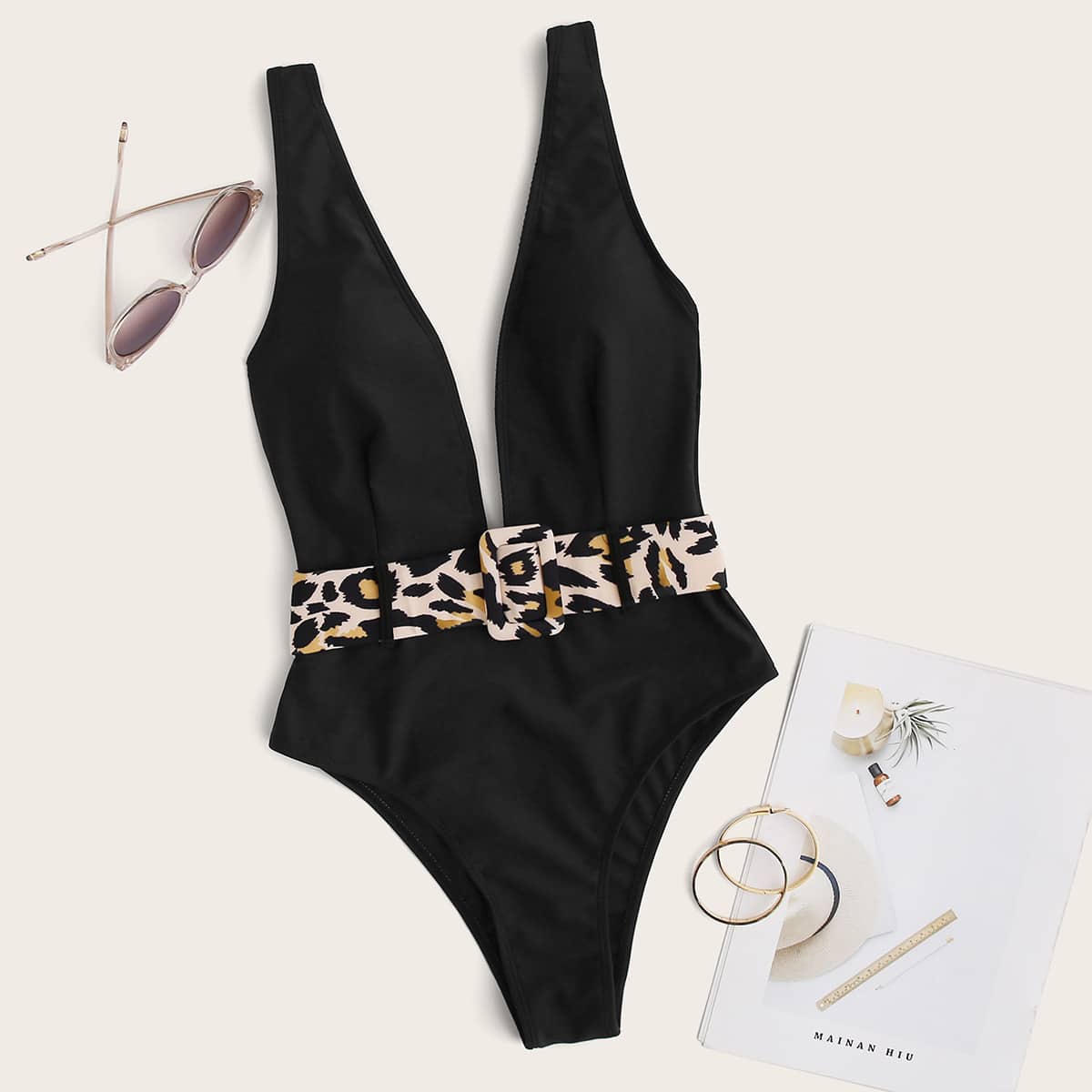 

Leopard Belted Plunging One Piece Swimsuit, Black