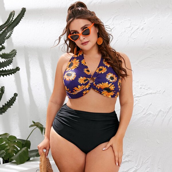 

Plus Sunflower Print Halter Bikini Swimsuit, Multicolor