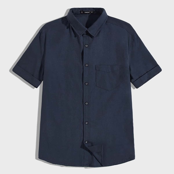 

Men Pocket Patched Rolled Up Sleeve Shirt, Navy blue
