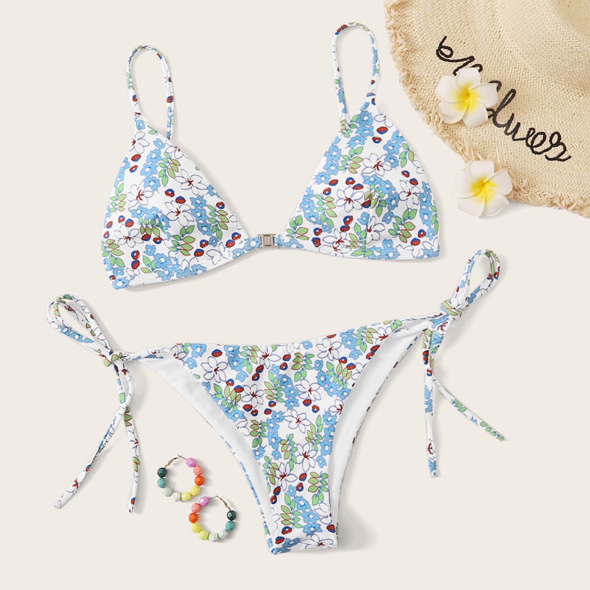 

Floral Triangle Tie Side Bikini Swimsuit, Multicolor