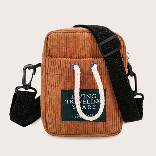 

Вельветовая сумка через плечо с текстовым принтом для девочек, Коричневые