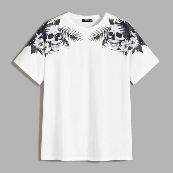 

Men Skull & Floral Print Tee, White