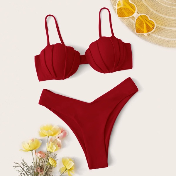 

Scallop Push Up High Cut Bikini Swimsuit, Burgundy