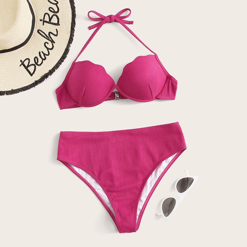 

Rib-knit Scallop Edge Halter High Waist Bikini Swimsuit, Pink