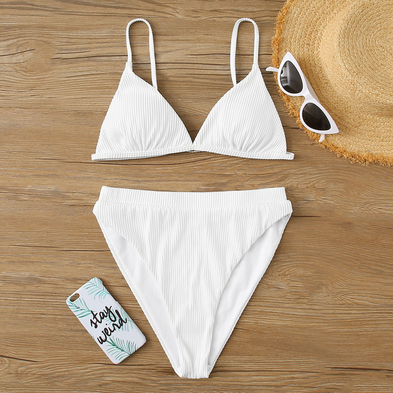 

Rib Triangle High Waisted Bikini Swimsuit, White