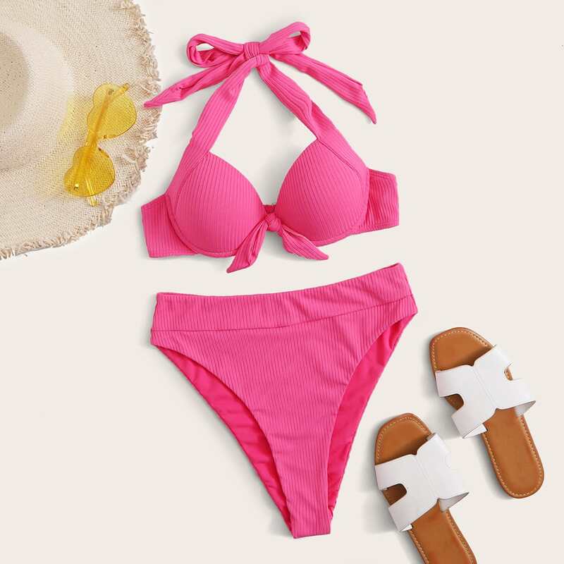 

Rib Knot Front Halter Push Up High Waisted Bikini Swimsuit, Pink bright