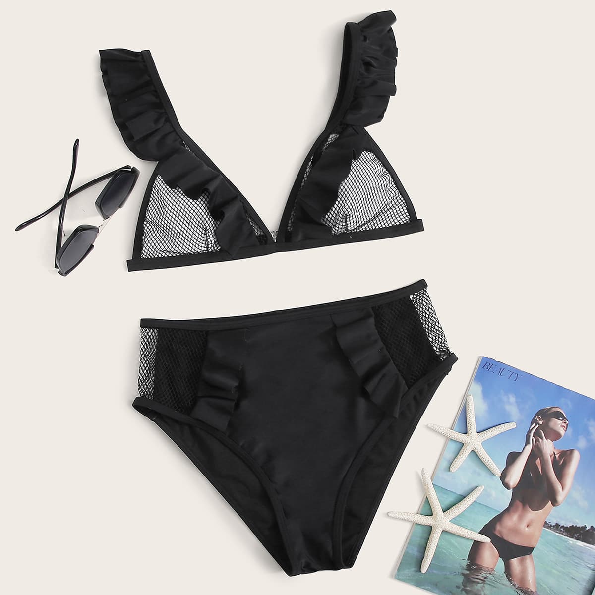 

Fishnet Mesh Insert Ruffle Triangle High Waisted Bikini Swimsuit, Black