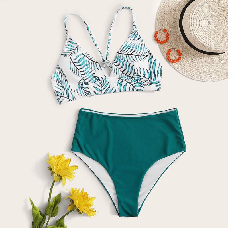 

Tropical Criss Cross Back High Waisted Bikini Swimsuit, Multicolor