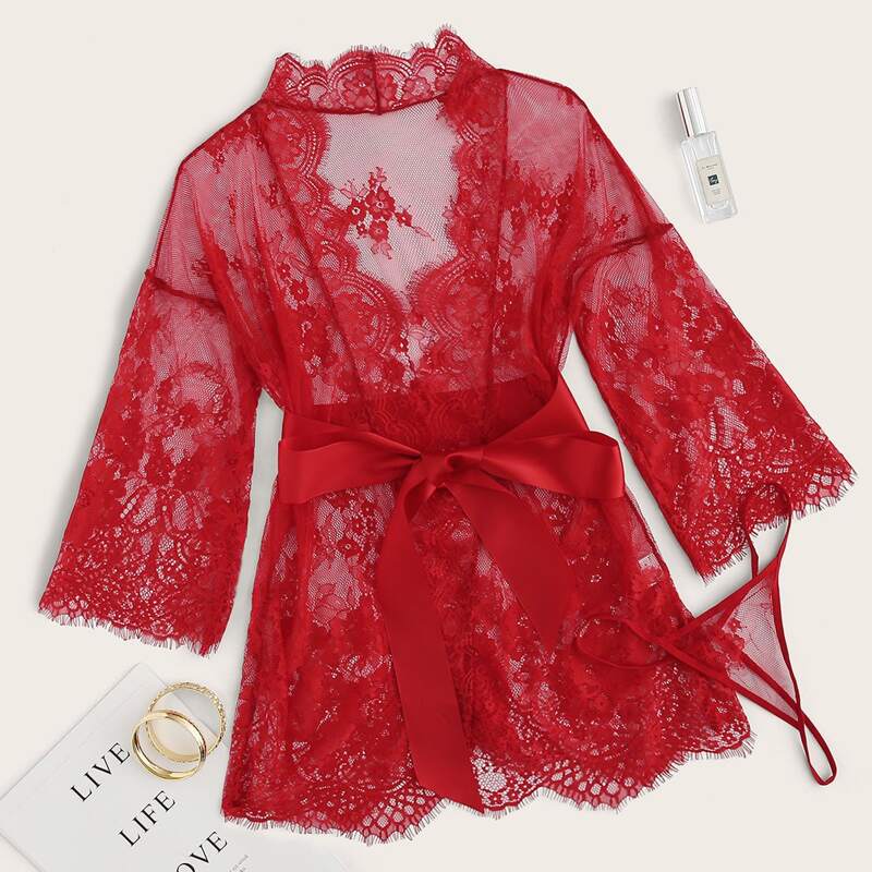 

Floral Lace Belted Robe With Thong, Red