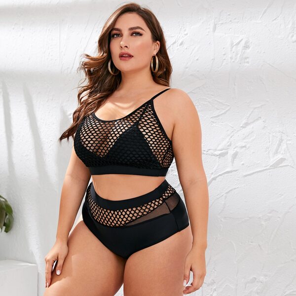 

Plus Contrast Fishnet Bikini Swimsuit, Black