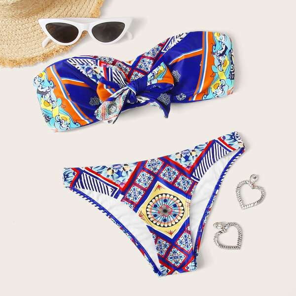 

Tribal Knot Front Bandeau Bikini Swimsuit, Multicolor