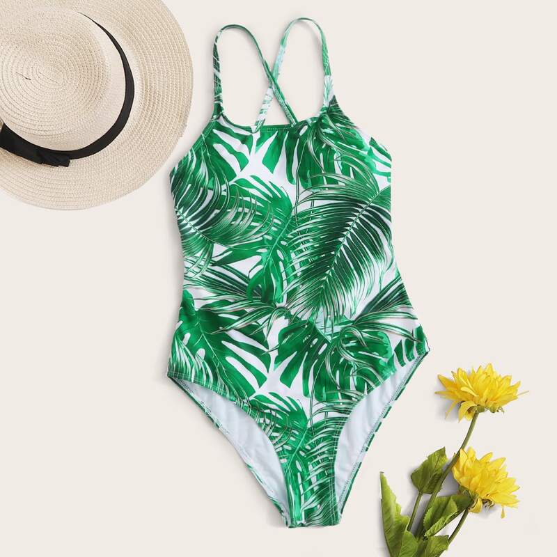 

Tropical Tie Back One Piece Swimsuit, Green