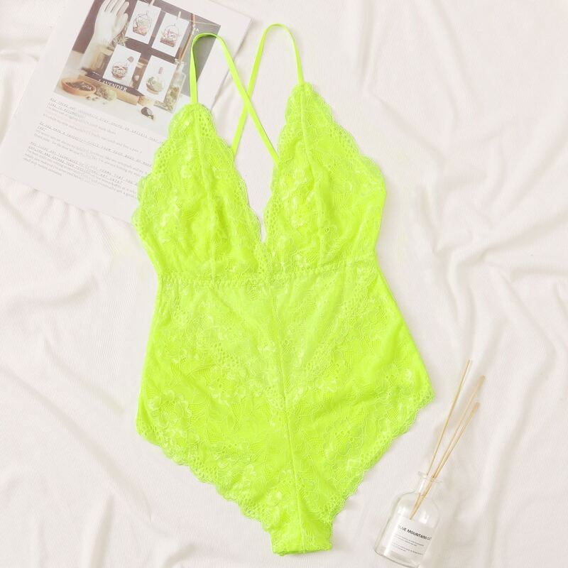 

Neon Yellow Floral Lace Teddy Bodysuit, Yellow bright