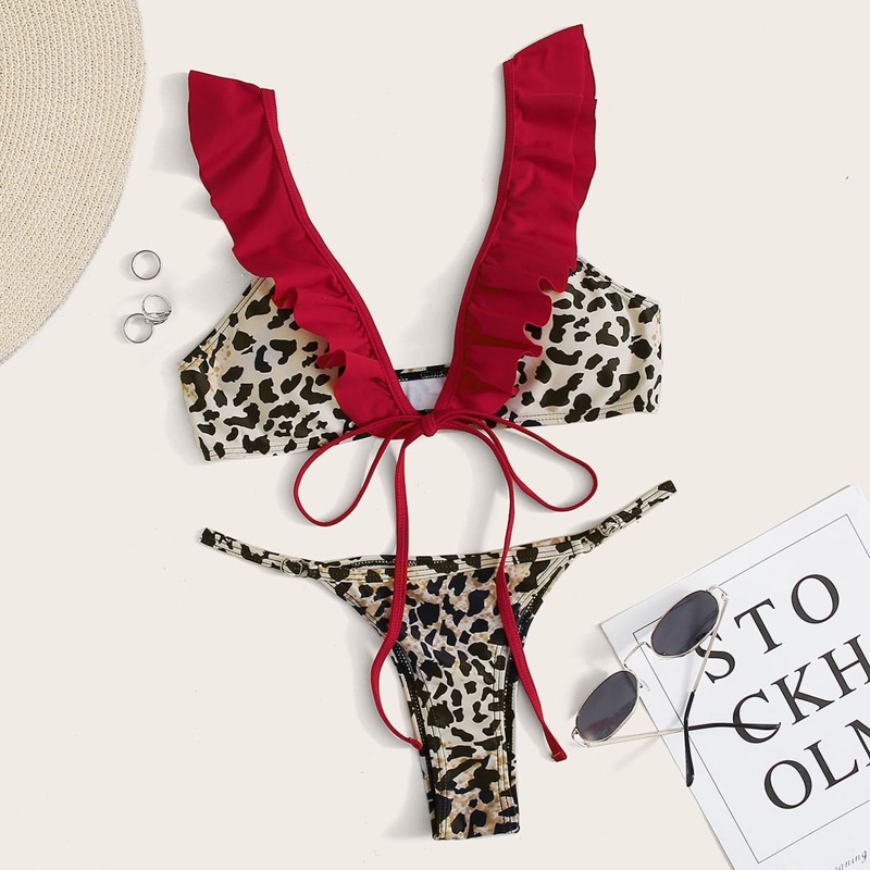

Leopard Ruffle Trim Tie Front Thong Bikini Swimsuit, Multicolor